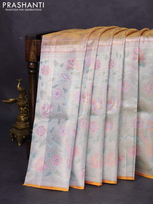 Pure kanchipuram tissue silk saree pastel pink with allover jamdhani weaves and long zari woven floral border