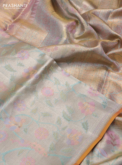 Pure kanchipuram tissue silk saree pastel pink with allover jamdhani weaves and long zari woven floral border