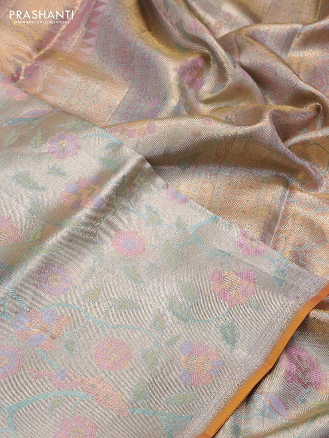 Pure kanchipuram tissue silk saree pastel pink with allover jamdhani weaves and long zari woven floral border