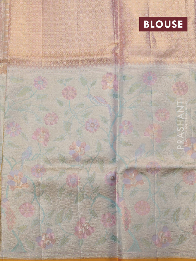 Pure kanchipuram tissue silk saree pastel pink with allover jamdhani weaves and long zari woven floral border