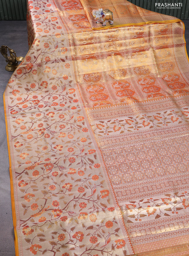 Pure kanchipuram tissue silk saree gold with allover jamdhani weaves and long zari woven floral border