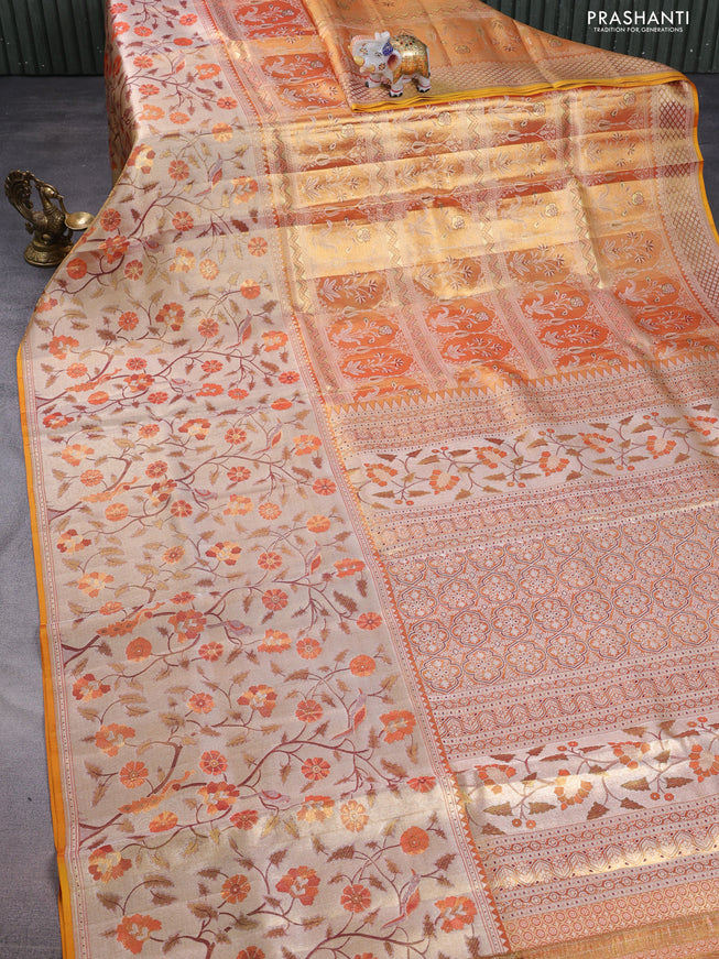 Pure kanchipuram tissue silk saree gold with allover jamdhani weaves and long zari woven floral border