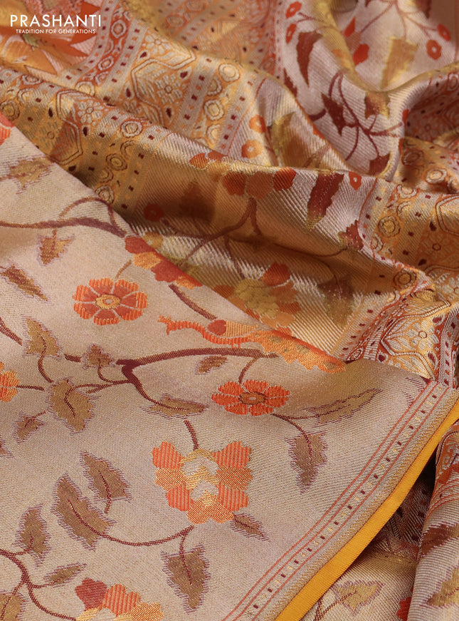 Pure kanchipuram tissue silk saree gold with allover jamdhani weaves and long zari woven floral border
