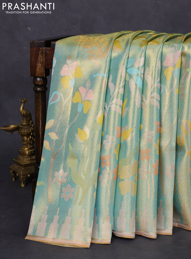 Pure kanchipuram tissue silk saree teal green with allover jamdhani weaves and temple design simple border