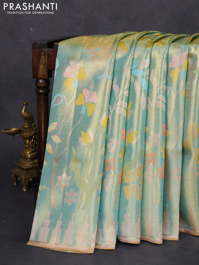 Pure kanchipuram tissue silk saree teal green with allover jamdhani weaves and temple design simple border