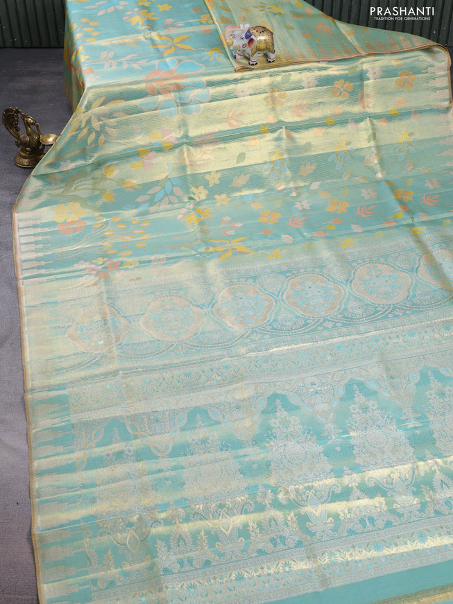 Pure kanchipuram tissue silk saree teal green with allover jamdhani weaves and temple design simple border