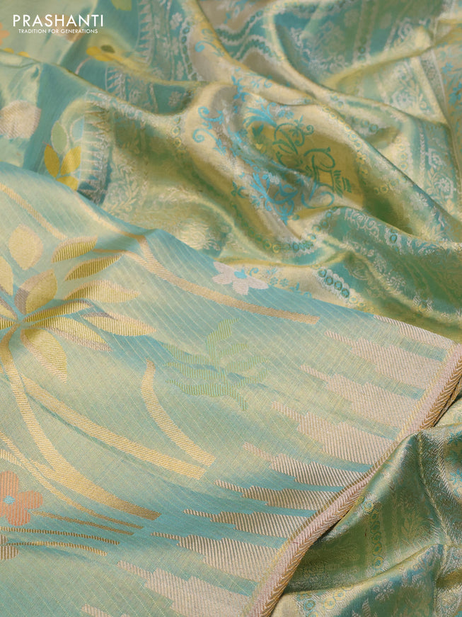 Pure kanchipuram tissue silk saree teal green with allover jamdhani weaves and temple design simple border