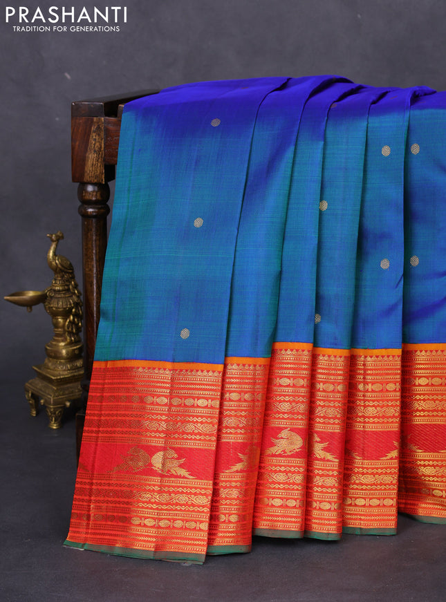 Pure kanchipuram silk saree blue and red with zari woven buttas and zari woven border
