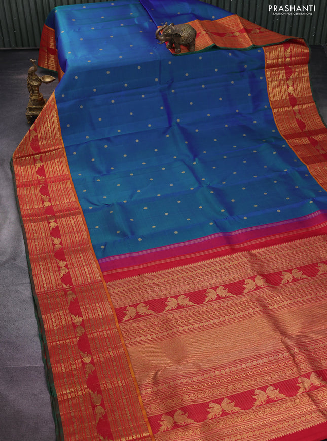 Pure kanchipuram silk saree blue and red with zari woven buttas and zari woven border