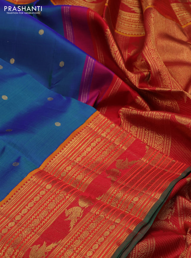 Pure kanchipuram silk saree blue and red with zari woven buttas and zari woven border