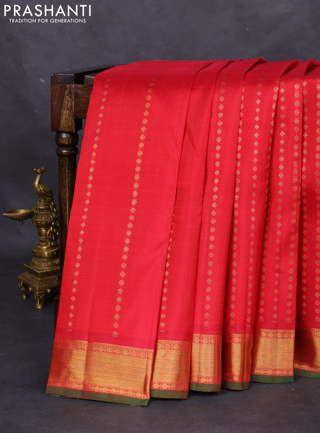 Pure kanchipuram silk saree red and green with allover zari woven 1000 buttas and zari woven border