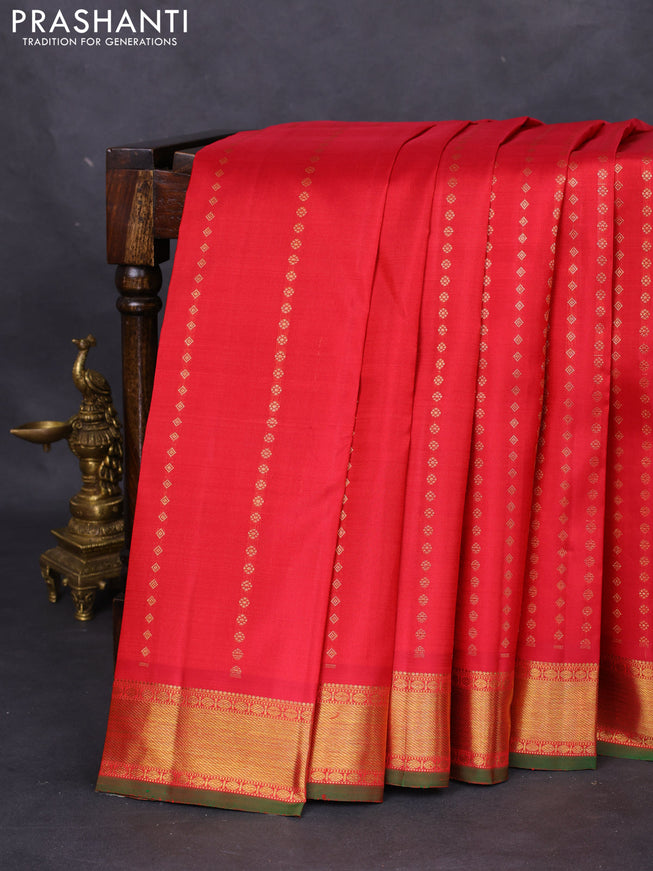 Pure kanchipuram silk saree red and green with allover zari woven 1000 buttas and zari woven border