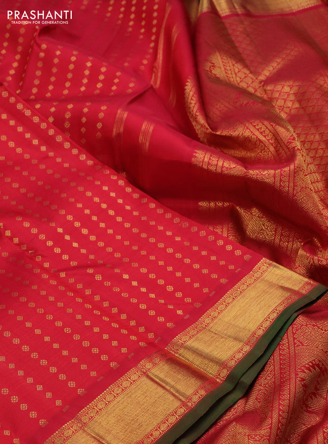 Pure kanchipuram silk saree red and green with allover zari woven 1000 buttas and zari woven border