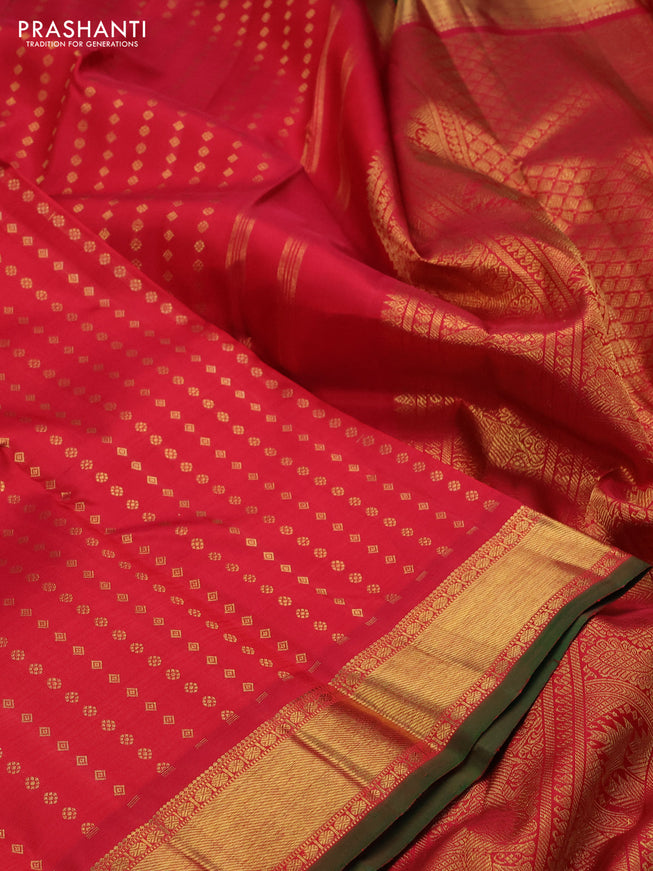 Pure kanchipuram silk saree red and green with allover zari woven 1000 buttas and zari woven border