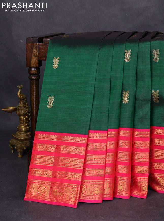 Pure kanchipuram silk saree green and pink with zari woven buttas and zari woven korvai border