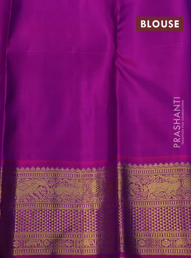 Pure kanchipuram silk saree teal green and purple with zari woven buttas and zari woven korvai border