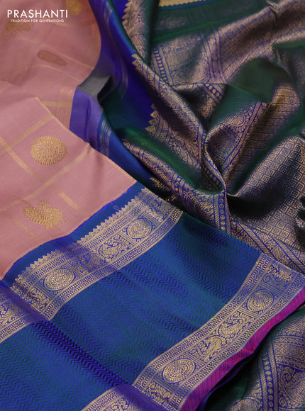 Pure kanchipuram silk saree pastel peach and dual shade of bluish green with allover zari checks & annam chakkaram buttas and rettapet zari woven border