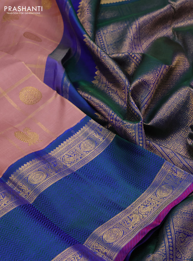 Pure kanchipuram silk saree pastel peach and dual shade of bluish green with allover zari checks & annam chakkaram buttas and rettapet zari woven border