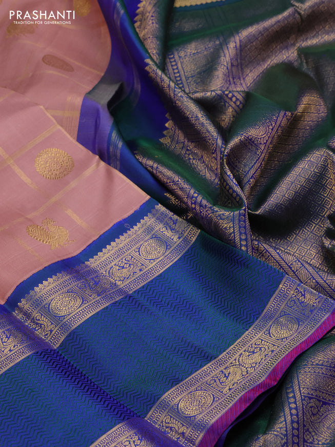 Pure kanchipuram silk saree pastel peach and dual shade of bluish green with allover zari checks & annam chakkaram buttas and rettapet zari woven border