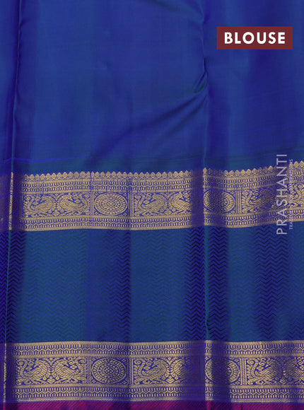 Pure kanchipuram silk saree pastel peach and dual shade of bluish green with allover zari checks & annam chakkaram buttas and rettapet zari woven border