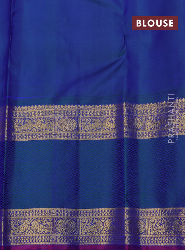 Pure kanchipuram silk saree pastel peach and dual shade of bluish green with allover zari checks & annam chakkaram buttas and rettapet zari woven border