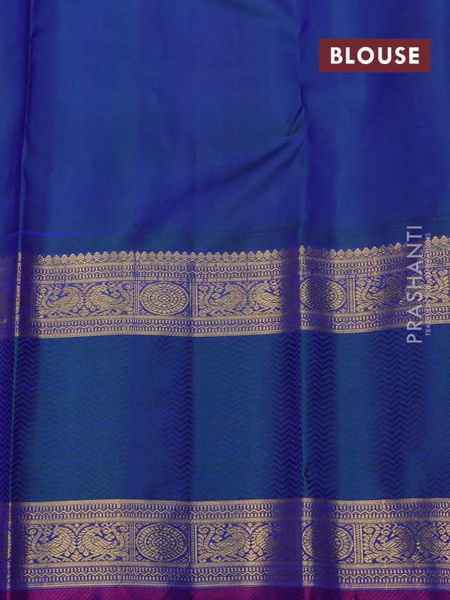 Pure kanchipuram silk saree pastel peach and dual shade of bluish green with allover zari checks & annam chakkaram buttas and rettapet zari woven border