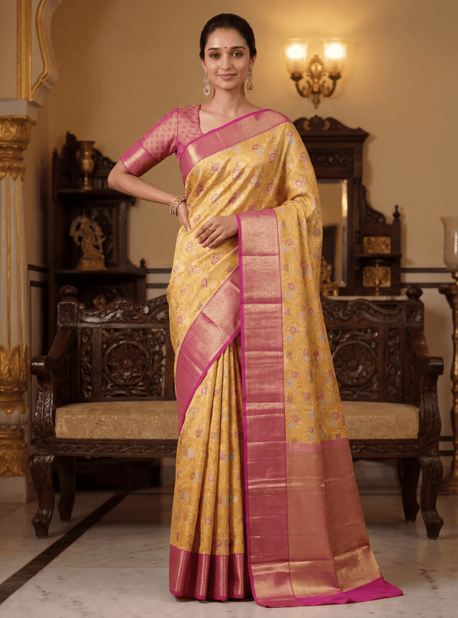 Pure kanchipuram tissue silk saree gold and purple with allover zari woven floral design mina weaves and zari woven border