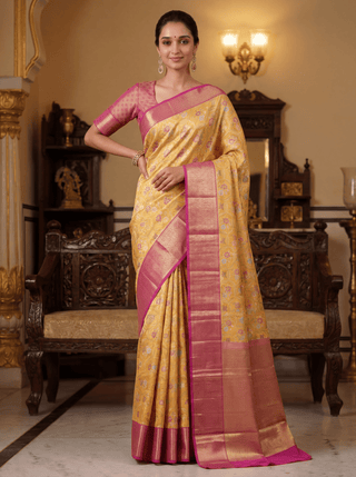 Pure kanchipuram tissue silk saree gold and purple with allover zari woven floral design mina weaves and zari woven border