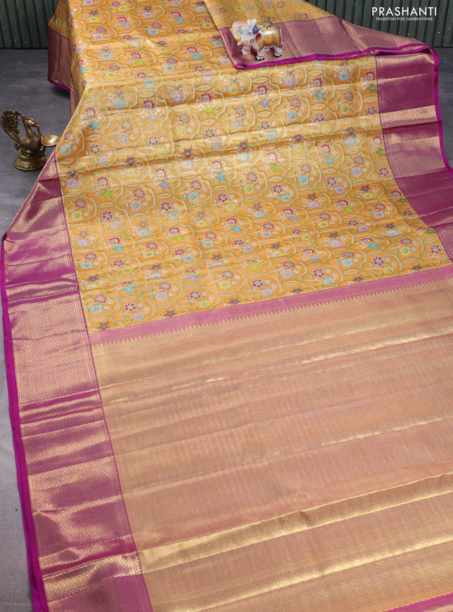 Pure kanchipuram tissue silk saree gold and purple with allover zari woven floral design mina weaves and zari woven border