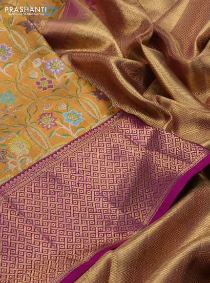 Pure kanchipuram tissue silk saree gold and purple with allover zari woven floral design mina weaves and zari woven border
