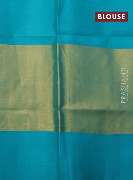 Pure kanchipuram silk saree lime yellow and teal blue with allover silver zari brocade weaves and long rich silver woven border