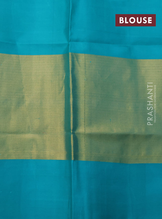 Pure kanchipuram silk saree lime yellow and teal blue with allover silver zari brocade weaves and long rich silver woven border