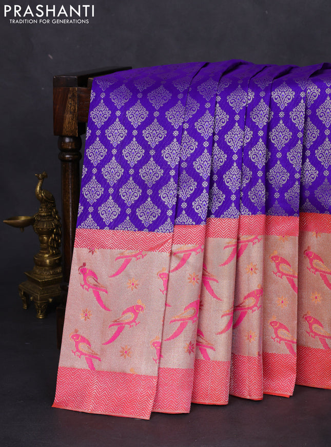 Pure kanchipuram silk saree BLUE and peach pink with allover silver zari brocade weaves and long rich zari woven border