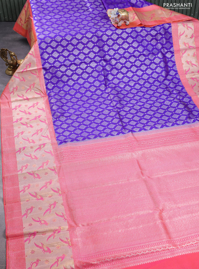 Pure kanchipuram silk saree BLUE and peach pink with allover silver zari brocade weaves and long rich zari woven border