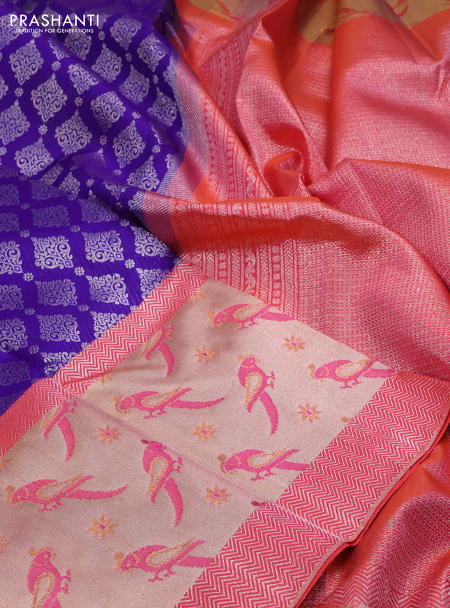 Pure kanchipuram silk saree BLUE and peach pink with allover silver zari brocade weaves and long rich zari woven border