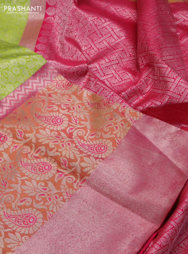 Pure kanchipuram silk saree light green and pink with allover silver zari brocade weaves and long rich zari woven border