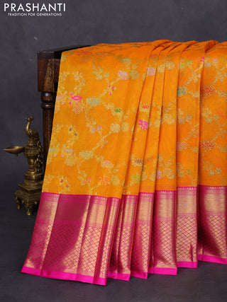 Kanchipuram kora silk saree orange and pink with allover floral zari weaves and zari woven border