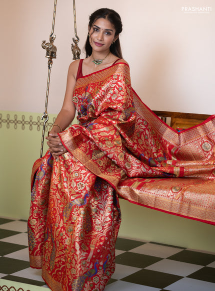 Pure kanchipuram tissue silk saree red with allover zari woven peacock design mina weaves and zari woven border