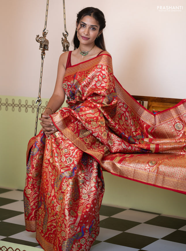 Pure kanchipuram tissue silk saree red with allover zari woven peacock design mina weaves and zari woven border
