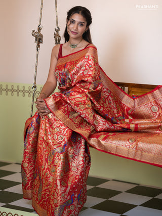 Pure kanchipuram tissue silk saree red with allover zari woven peacock design mina weaves and zari woven border