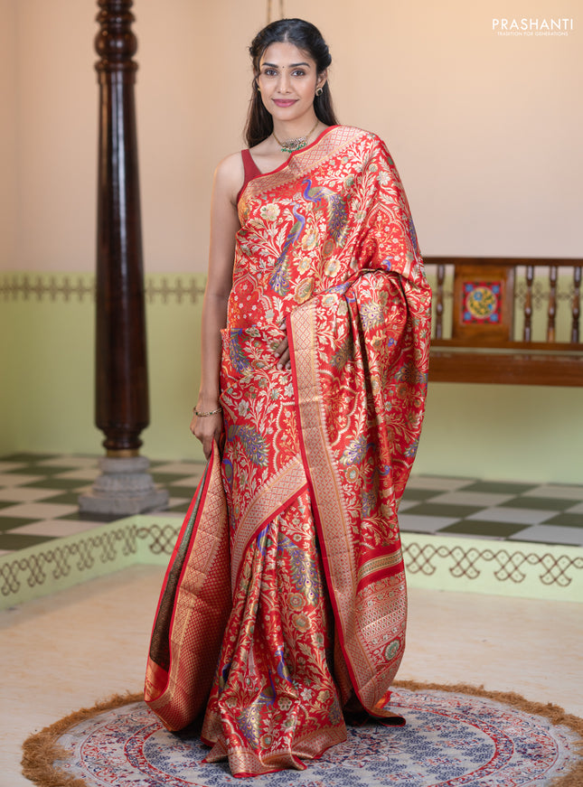 Pure kanchipuram tissue silk saree red with allover zari woven peacock design mina weaves and zari woven border