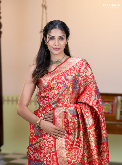 Pure kanchipuram tissue silk saree red with allover zari woven peacock design mina weaves and zari woven border