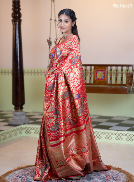 Pure kanchipuram tissue silk saree red with allover zari woven peacock design mina weaves and zari woven border