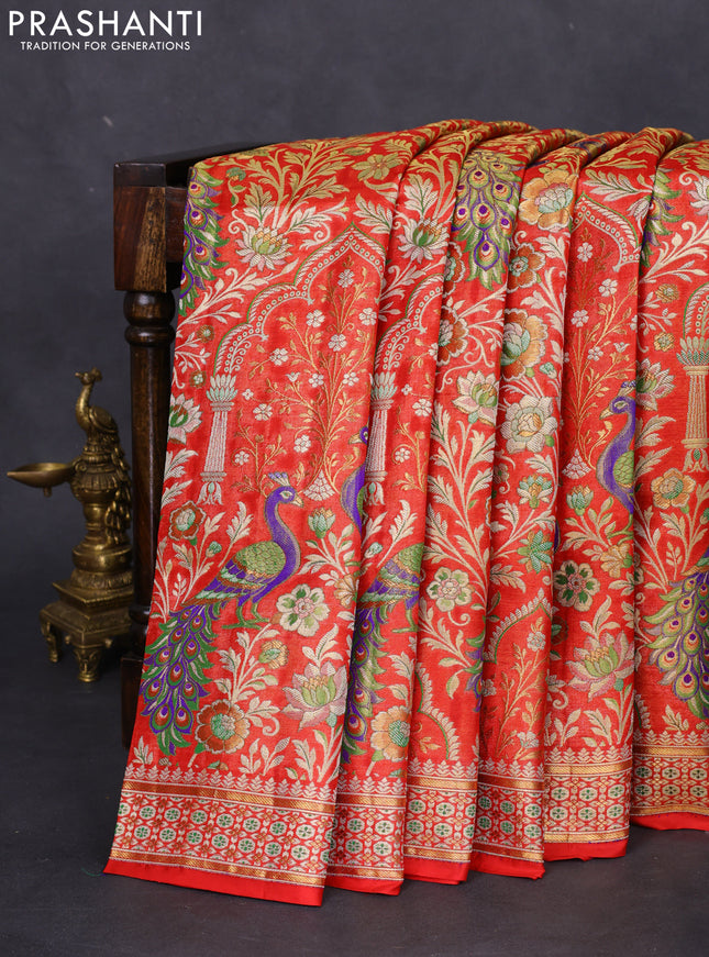 Pure kanchipuram tissue silk saree red with allover zari woven peacock design mina weaves and zari woven border