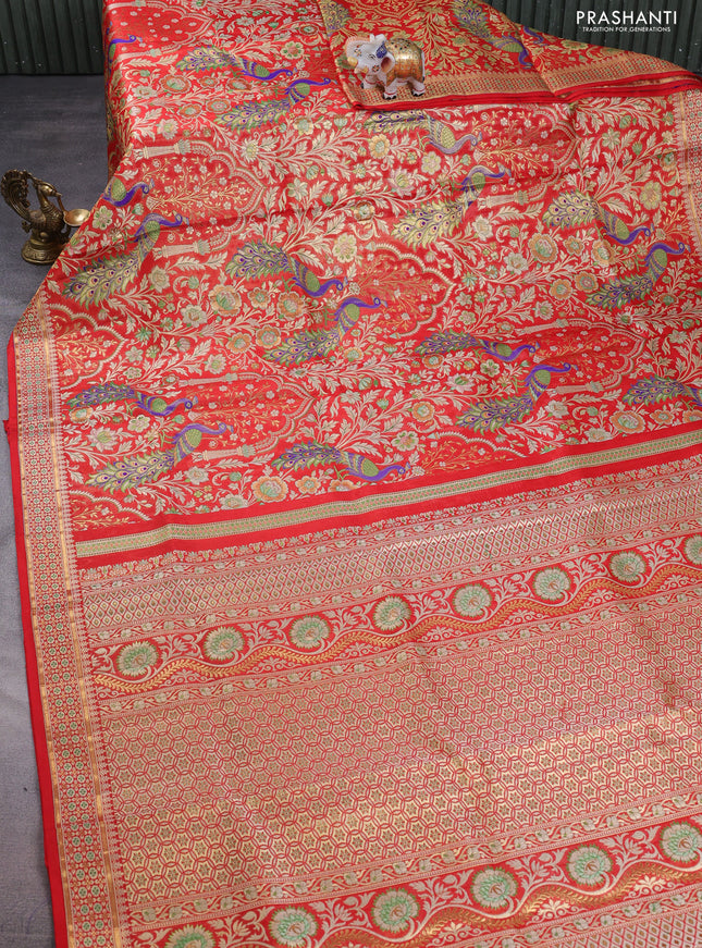 Pure kanchipuram tissue silk saree red with allover zari woven peacock design mina weaves and zari woven border