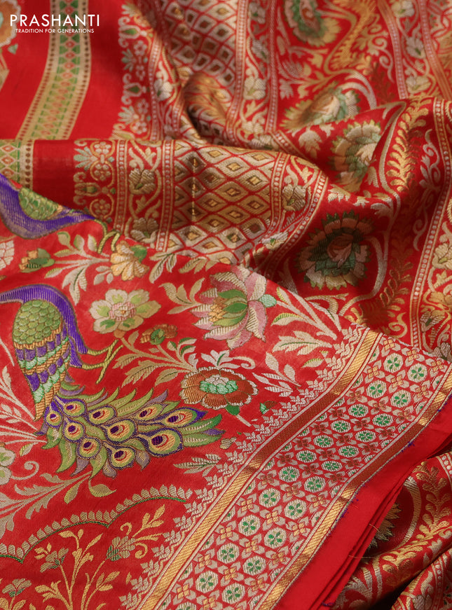 Pure kanchipuram tissue silk saree red with allover zari woven peacock design mina weaves and zari woven border