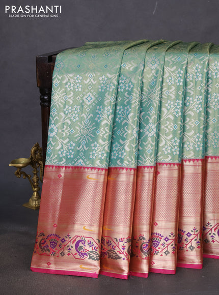 Tissue paithani silk saree teal green and magenta pink with allover silver zari woven brocade weaves and long zari woven paithani style border