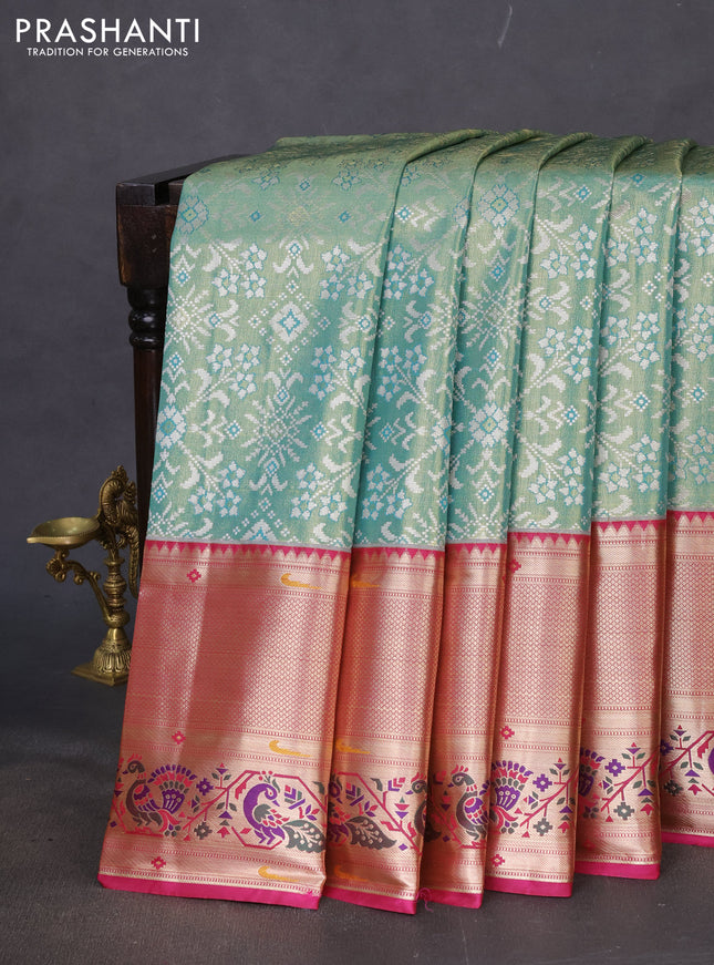 Tissue paithani silk saree teal green and magenta pink with allover silver zari woven brocade weaves and long zari woven paithani style border
