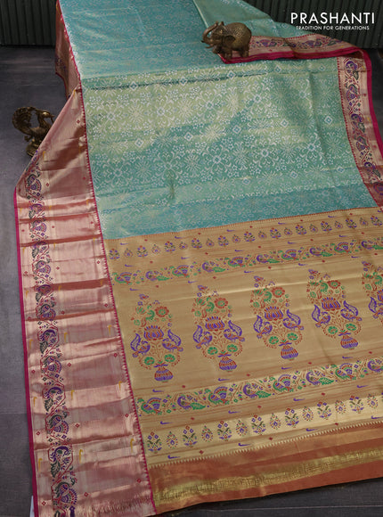 Tissue paithani silk saree teal green and magenta pink with allover silver zari woven brocade weaves and long zari woven paithani style border