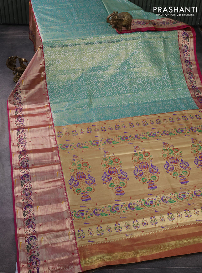 Tissue paithani silk saree teal green and magenta pink with allover silver zari woven brocade weaves and long zari woven paithani style border